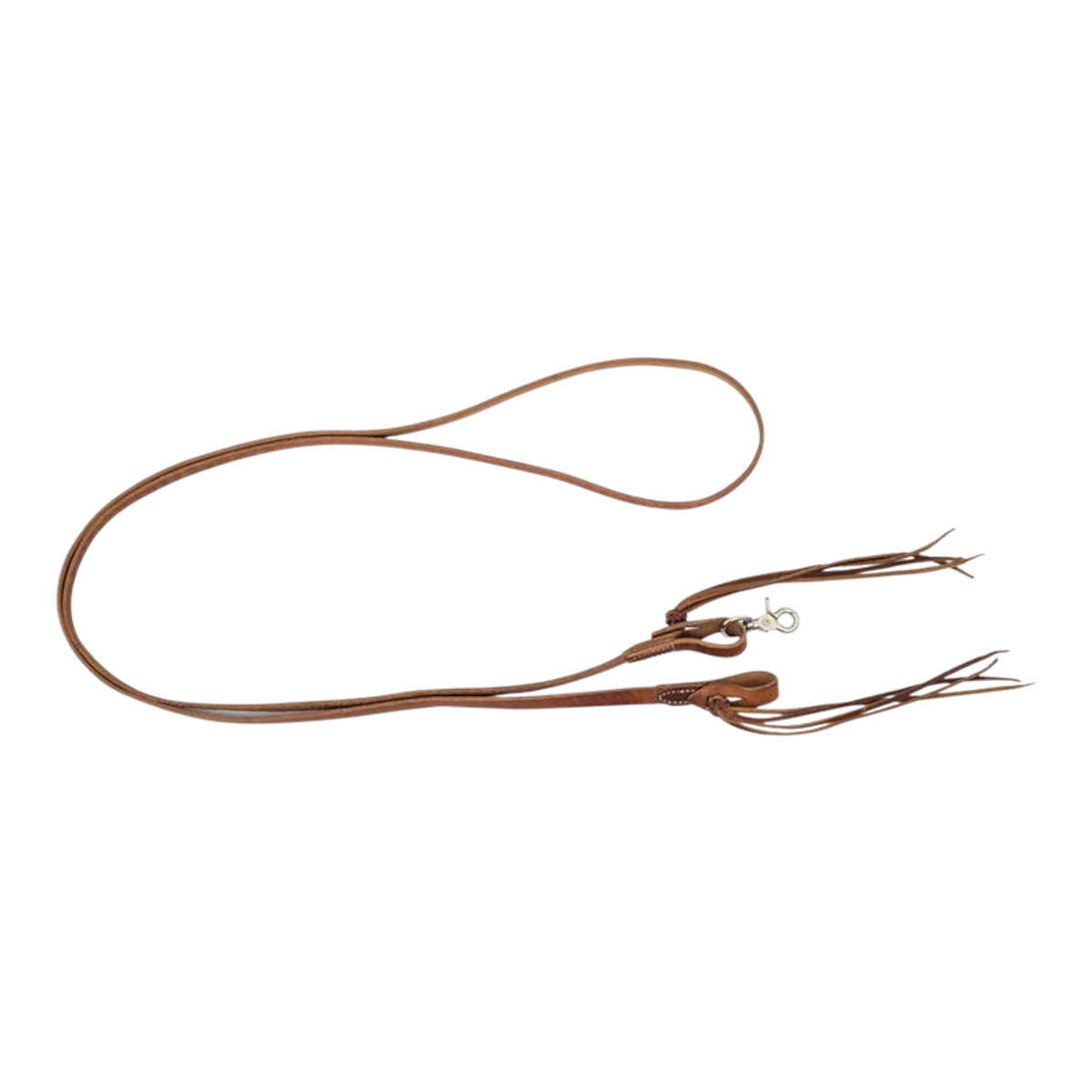 Lone Star Ropes 8-foot harness leather roping reins featuring a four-string pineapple knot and a metal scissor snap.