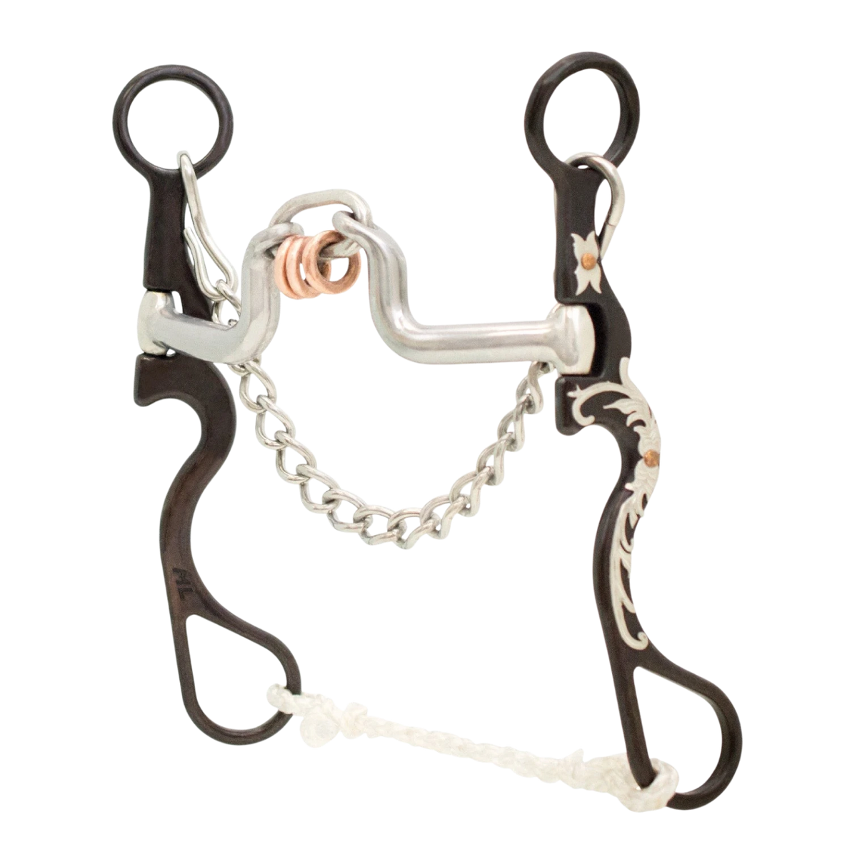 Lone Star Ropes Tyler Magnus Series ported link bit with antique finish, floral trim, and copper ring mouthpiece.