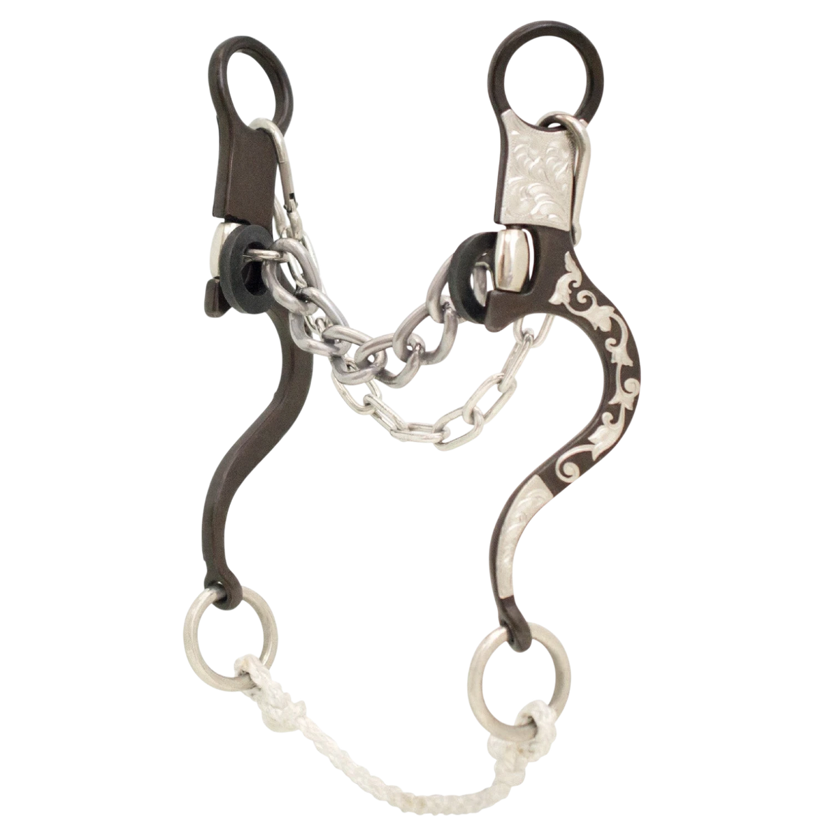 Lone Star Ropes Tyler Magnus Series loose ring chain bit with antique finish, silver floral trim, and rope slobber bar.