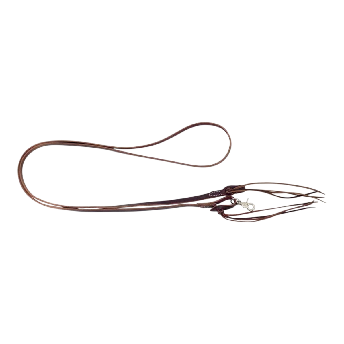 Lone Star Ropes 8-foot burgundy latigo leather roping reins featuring a four-string pineapple knot and scissor snap.