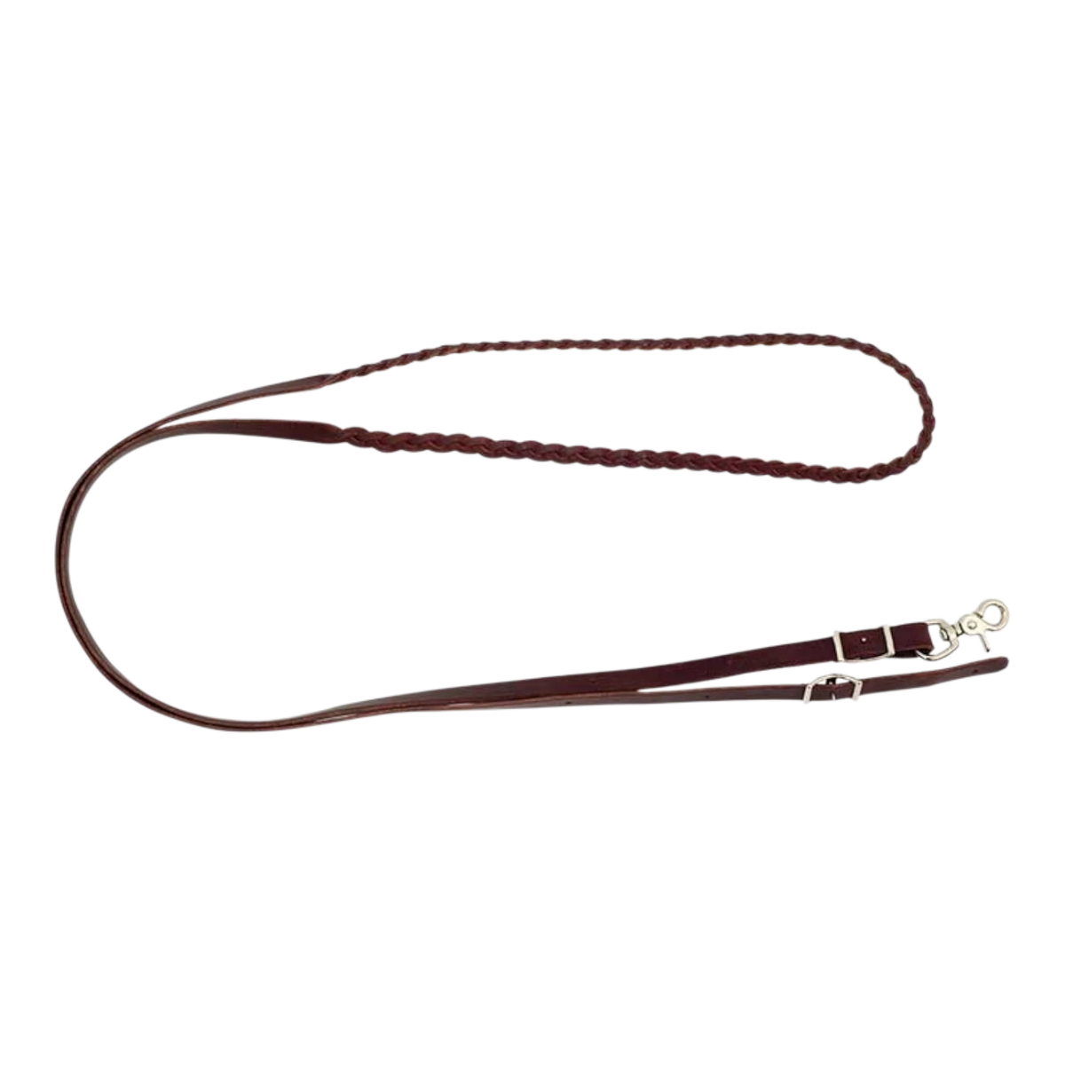Lone Star Ropes burgundy latigo leather roping reins with a 3-plait braided design and metal snap and Conway buckles.