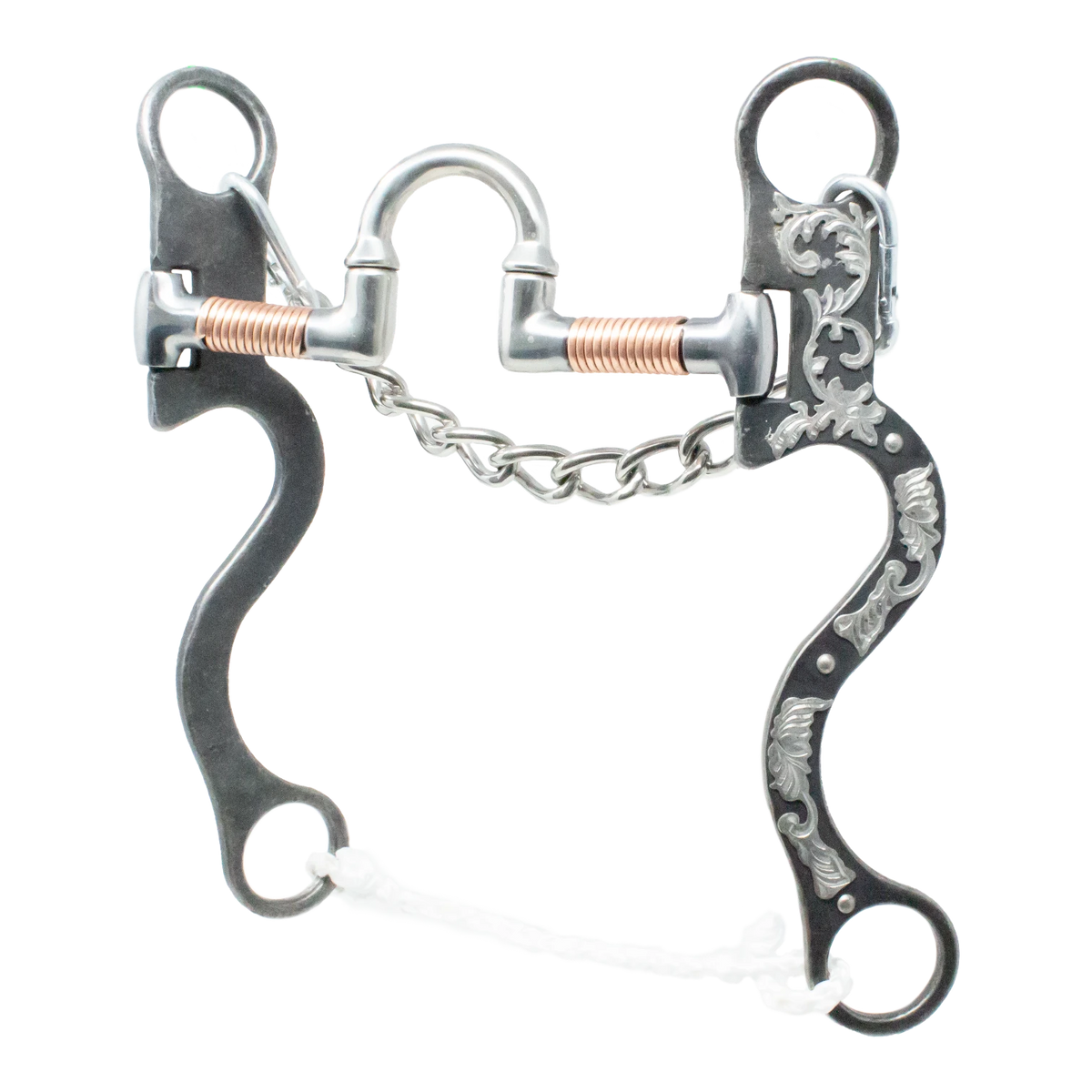Lone Star Ropes Walt Woodard Legend correction bit with copper wrapped bars, floral trim, and stainless steel chain.