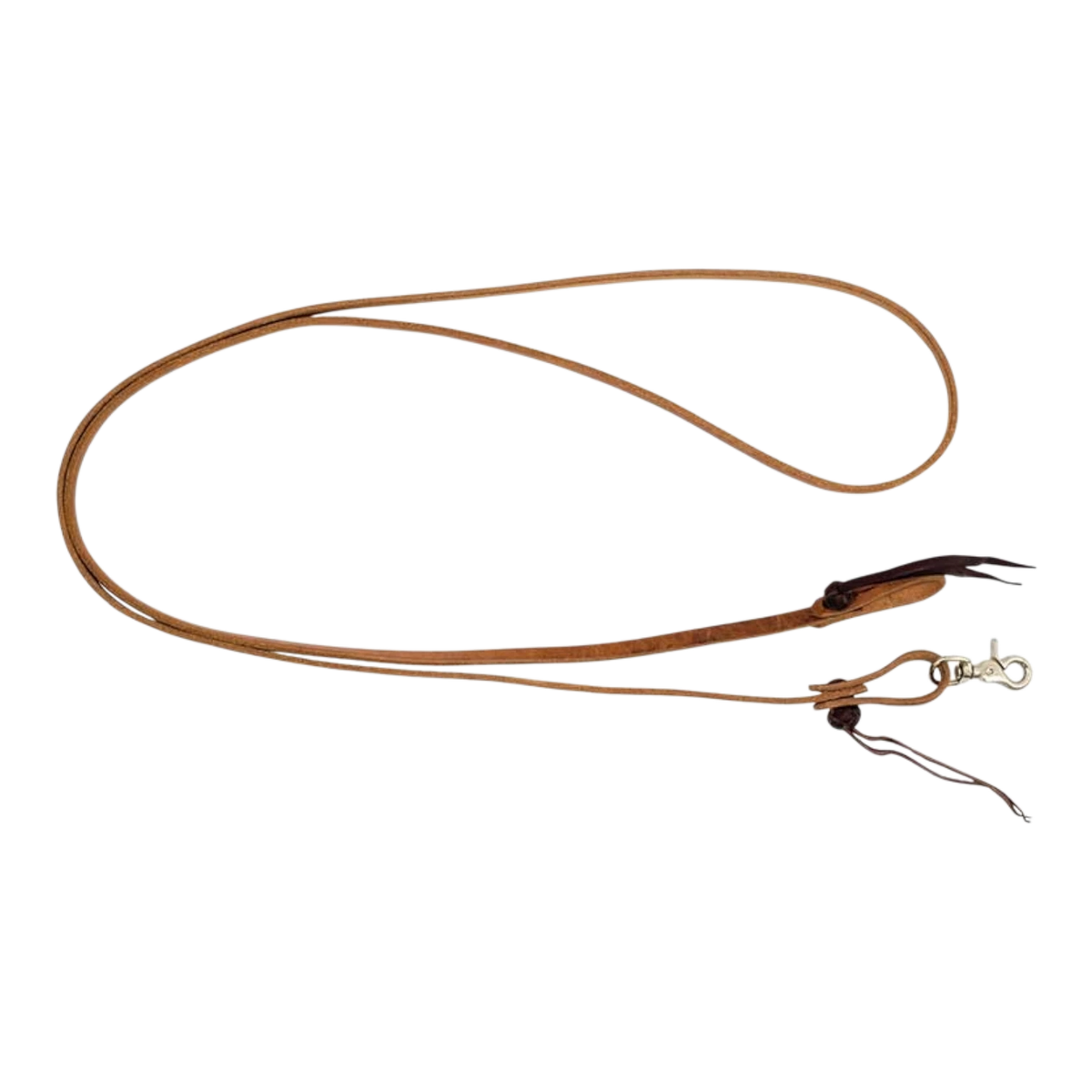 Lone Star Ropes 8-foot harness leather roping reins featuring two-string twisted knots and a metal scissor snap.