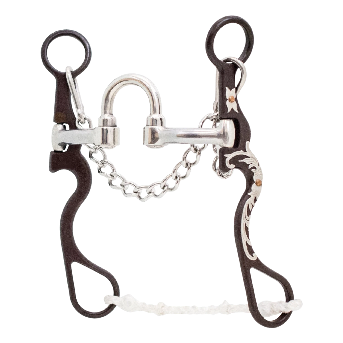 Lone Star Ropes Tyler Magnus Series correctional bit with antique finish, floral trim, and braided rope slobber bar.