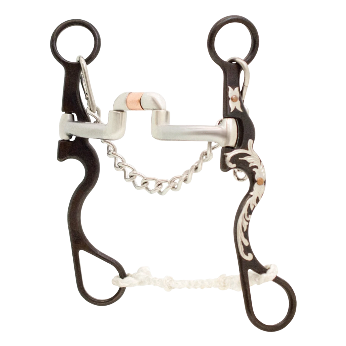 Lone Star Ropes Tyler Magnus Series hinged correctional bit with antique finish, floral trim, and copper roller.